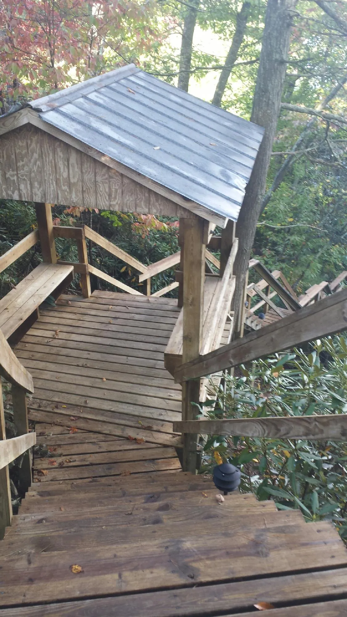 Metal roofed shelter over wooden steps on a wooded walkway — Skylight Repair & Installation work by our crew in Asheville